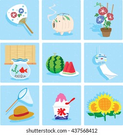 Watermelon,Fan,Wind bell,Pig,Morning glory,Ice,Goldfish,Straw hat,Sunflower,Icon set