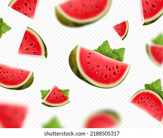 Watermelons 3d background. Watermelon with blur falling realistic vector