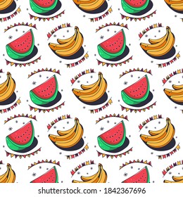 Watermelons and bananas. Seamless pattern on a white background. Cute vector illustration.