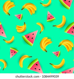 Watermelons and bananas seamless pattern. Paper cut style.  