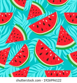 Watermelons with black and white  seeds on palm dypsis leaves background. Seamless watermelons pattern. Background with red sweet watermelon slices. Cute seamless  pattern with watermelons.
