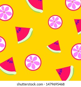 Watermelons and citrus pattern on the yellow background. Vector illustration 