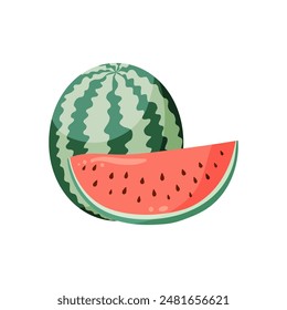 Watermelons composition with whole watermelon and a slice. Flat vector illustration. Tropical fruit drawing for food graphics, summer designs, menu, logo, stickers.