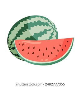 Watermelons composition with whole watermelon and a slice. Flat vector illustration. Tropical fruit drawing for food graphics, summer designs, menu, logo, stickers.