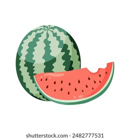 Watermelons composition with whole watermelon and a slice. Flat vector illustration. Tropical fruit drawing for food graphics, summer designs, menu, logo, stickers.
