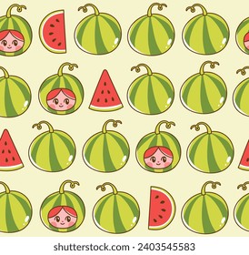 Watermelons with cute kids faces seamless pattern. Vector illustration of fruits and girls wearing pear costumes. Adorable hand drawn mascots in colorful cartoon style.
