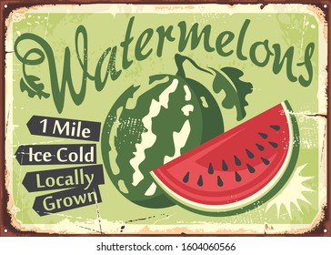 Watermelons farm retro sign idea. Locally grown farm fresh organic fruit products. Ice cold watermelon slice vector illustration.
