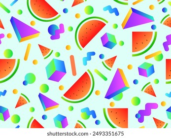 Watermelons and geometric shapes seamless pattern. Gradient geometric shapes and watermelon slices with seeds. Design for wallpapers, wrappers, covers and banners. Vector illustration