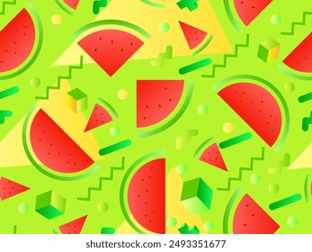 Watermelons and geometric shapes seamless pattern. Gradient geometric shapes and watermelon slices with seeds. Design for wallpapers, wrappers, covers and banners. Vector illustration