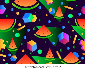 Watermelons and geometric shapes seamless pattern. Gradient geometric shapes and watermelon slices with seeds. Design for wallpapers, wrappers, covers and banners. Vector illustration