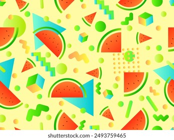 Watermelons and geometric shapes seamless pattern. Gradient geometric shapes and watermelon slices with seeds. Design for wallpapers, wrappers, covers and banners. Vector illustration