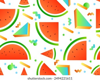 Watermelons and geometric shapes seamless pattern. Gradient geometric shapes and watermelon slices with seeds. Design for wallpapers, wrappers, covers and banners. Vector illustration