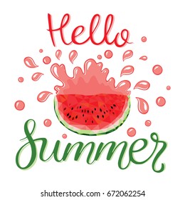 Watermelons and lettering hello summer. Vector illustration. design for greeting card and invitation of seasonal summer holiday. Watermelon slices with seeds in the polygonal style on white.