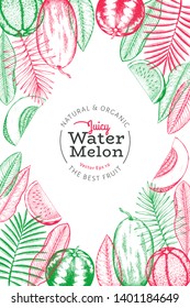 Watermelons, melons and tropical leaves design template. Hand drawn vector exotic fruit illustration. Engraved style fruit frame. Vintage botanical banner.