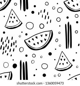 Watermelons and memphis design elements. Seamless pattern with fruits and geometric figures. Black and white illustration.