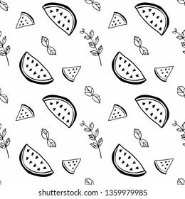 Watermelons and mint drawings seamless pattern. Summer fruits and herbal texture. Doodles creative wallpaper, wrapping paper, textile design, scrapbooking, digital paper. Hand drawn black and white 