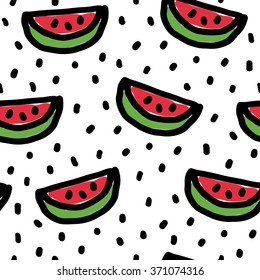 Watermelons on the white background with dots. Vector seamless pattern with fresh juicy fruit. Cute illustration.