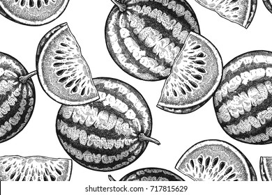 Watermelons on white background. Seamless pattern. Realistic fruits in the technique of vintage engraving. Black and white. Vector illustration art. Hand drawing. Kitchen design with food.