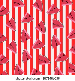 Watermelons pattern on striped background. Vector illustration