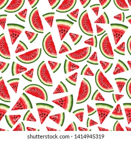 Watermelons pattern. Vector Illustration graphic print. Summer bright background. Red watermelon, watermelon slice, fresh fruit. Summer fashion. Healthy food. Sweet dessert. Ripe berries.