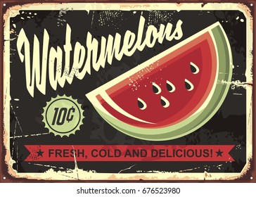 Watermelons retro advertise with watermelon slice on dark, black background. Vintage art.