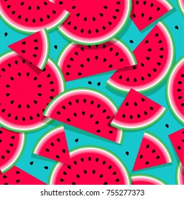 Watermelons seamless pattern of different shapes and seeds. Ripe red watermelons on a blue background.