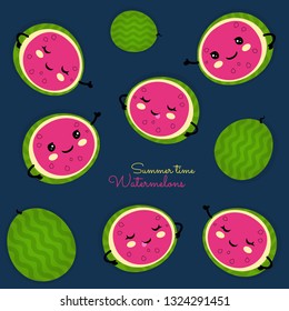 Watermelons seamless pattern with happy faces on dark blue color background. Vector illustration. Summer time