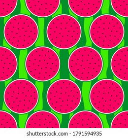 Watermelons seamless pattern. Pink pulp, black seeds and green rind. Vector illustration.