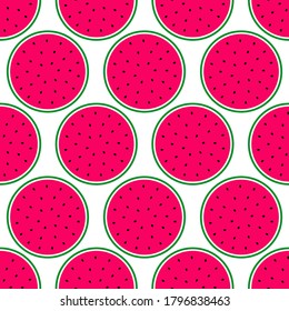 Watermelons seamless pattern. Pink pulp, black seeds and green rind. Vector illustration.