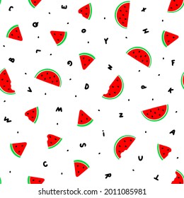 Watermelons seamless pattern.  Water melon slice vector background. Letters grammar for study child.