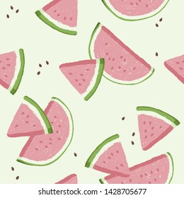 Watermelons, small and large slices. Cute pink watermelon slice design, seamless wallpaper, summer background.