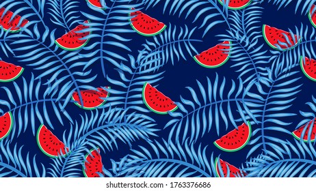 Watermelons and tropical palm leaves seamless pattern. Summer illustration. Watermelons and tropical palm on blue background. Vector illustration