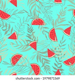 Watermelons, tropical palm leaves, seamless vector floral pattern, summer background
