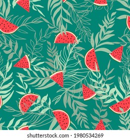 Watermelons, tropical palm leaves, seamless vector floral pattern, summer background