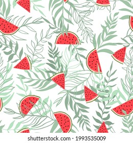Watermelons, tropical palm leaves, seamless vector floral pattern, summer background