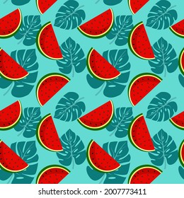 Watermelons, tropical palm leaves, seamless vector floral pattern, summer background