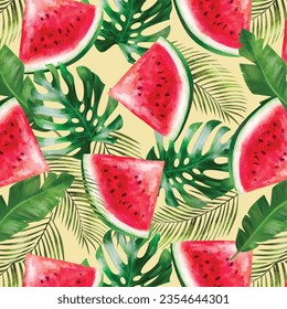 Watermelons, tropical palm leaves, seamless vector floral pattern, summer background