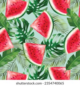 Watermelons, tropical palm leaves, seamless vector floral pattern, summer background