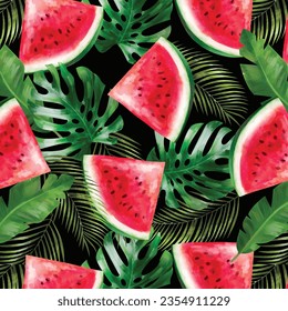 Watermelons, tropical palm leaves, seamless vector floral pattern, summer background