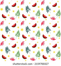 Watermelons, tropical palm leaves, stars. Seamless vector floral pattern, summer background. Vector illustration