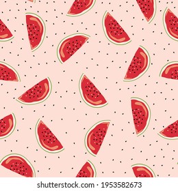 Watermelons vector seamless pattern with green background. Great as a textile print, fabric, wallpaper, packaging or giftwrap. Surface pattern design.