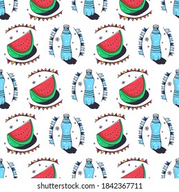 Watermelons and water bottles. Seamless pattern on a white background. Cute vector illustration.
