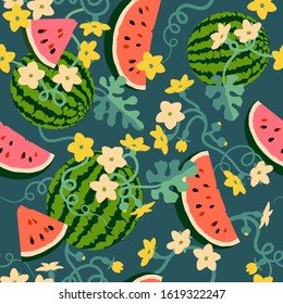 Watermelons, watermelon slices, watermelon leaves and vines, watermelon flowers, watermelon blooms. Seamless background