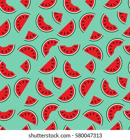 watermelons, whole and bitten chunks, small and large slices evenly placed, around the pattern. Cute red watermelon slice design, seamless wallpaper, background, Color backdrop. 