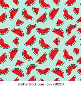 watermelons, whole and bitten chunks, small and large slices evenly placed, around the pattern. Cute red watermelon slice design, seamless wallpaper, background, Color backdrop. 