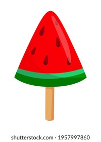 Watermelon-shaped cute triangle candy on a stick on white background. Minimalistic tasty fruity candy for kids. Concept of all kinds of candy sweets for sweet tooth. Flat cartoon vector illustration