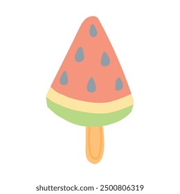 Watermelon-shaped popsicle illustration with orange, green, and yellow layers, featuring gray seeds. A simple, playful, and colorful design perfect for summer-themed projects or refreshing concepts.