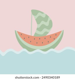 a watermelon-shaped ship on the sea. good for kids clothes and tote bag