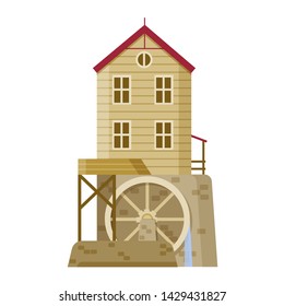Watermill cartoon. Flat vector illustration isolated on white background. Grain processing.
