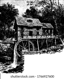 A Watermill Generating Power, The Kinetic Energy Of Water Is Converted To Electricity, Vintage Line Drawing Or Engraving Illustration.